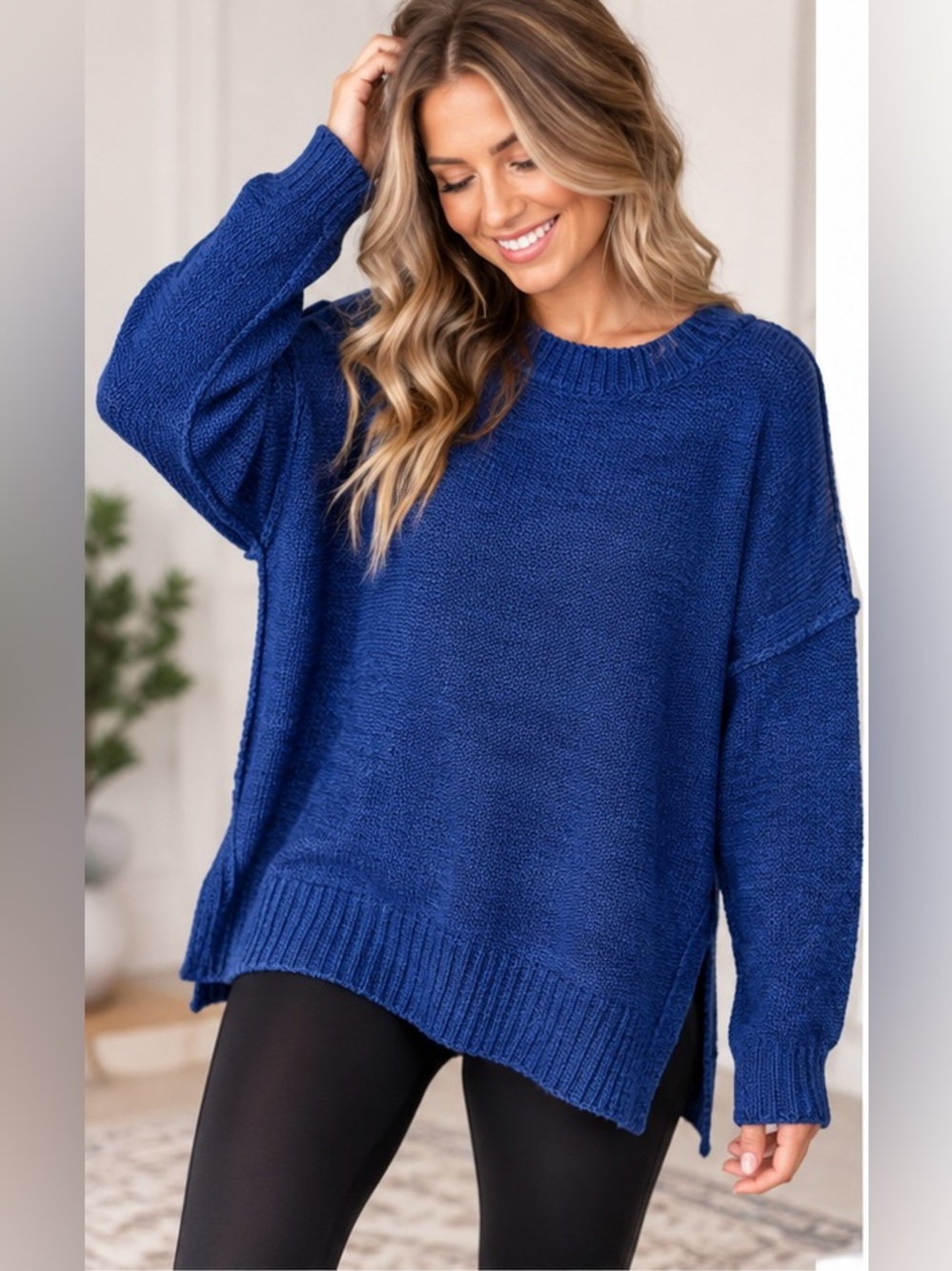 Zenana Outfitters Deep Blue Crew Neck Sweater Reverse Seaming, Side Slits NWOT